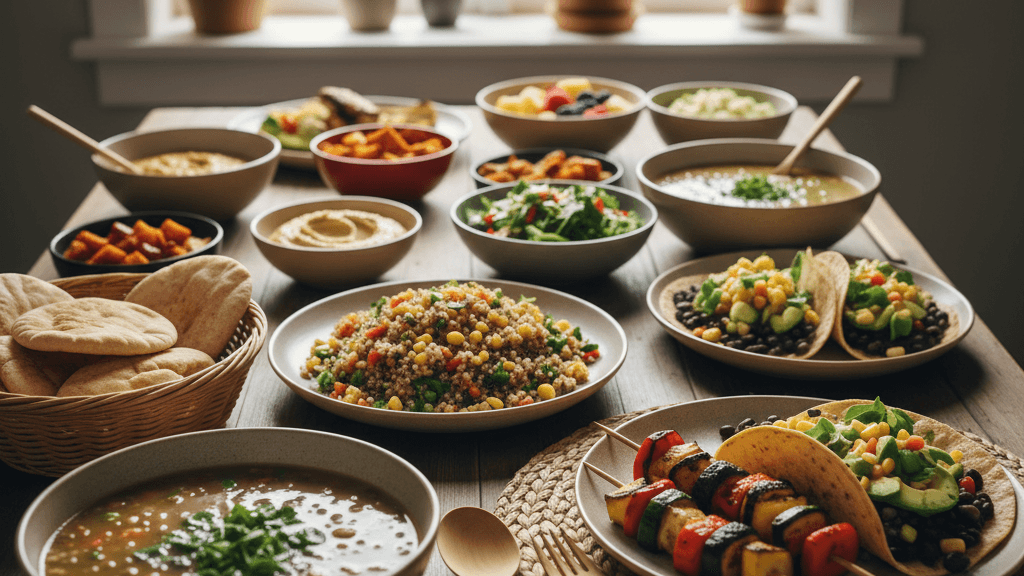 Beneficios de la cocina vegetariana para la salud y el medio ambiente, mostrados en una familia feliz