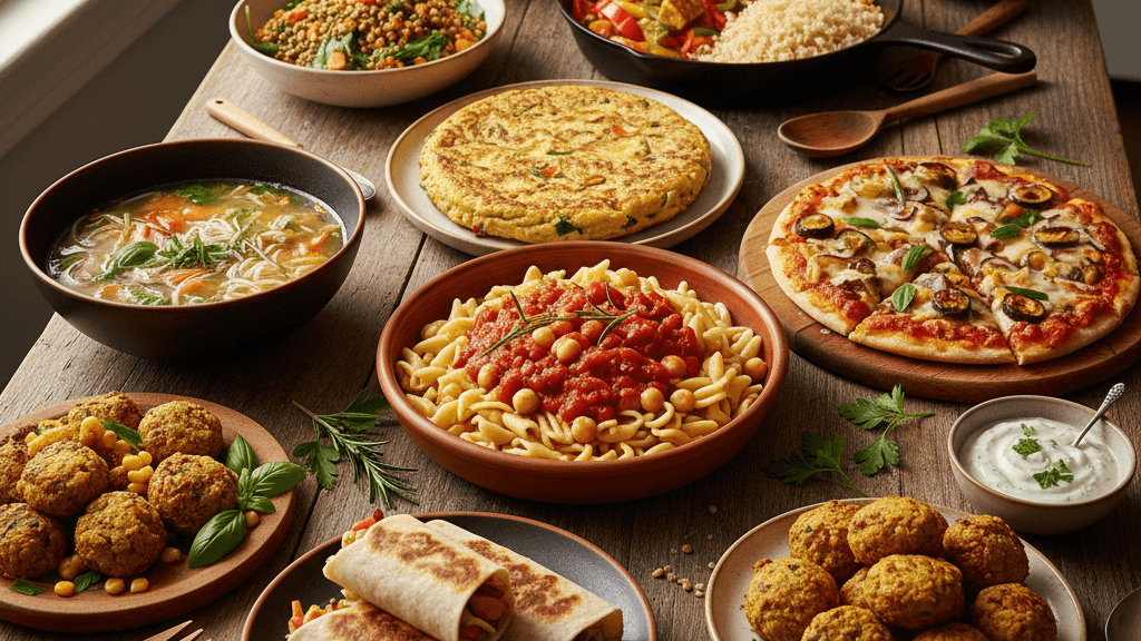 Imagen que muestra una variedad de platos de Cocina vegetariana económica, como pasta con garbanzos, tofu salteado, ensalada de lentejas y pizza de coliflor, resaltando la diversidad y sabor de la cocina vegetariana.