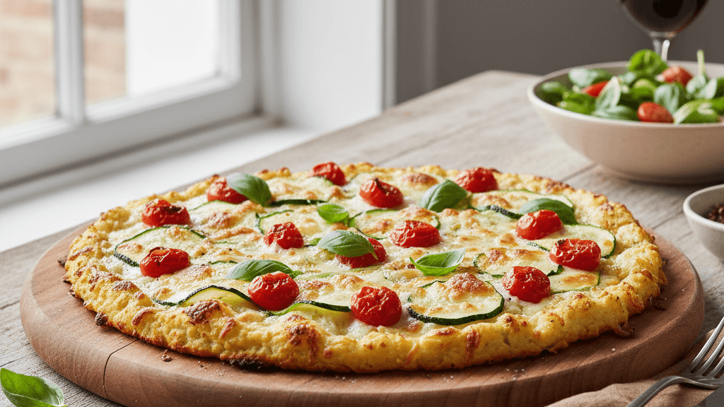 Pizza casera de coliflor con queso vegano, alternativa ligera en la cocina vegetariana