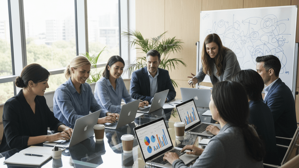 Professional SEO Agency team discussing strategy and analytics in a modern office setting