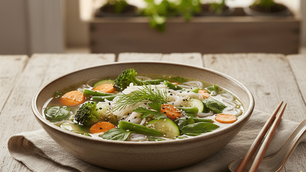 Sopa ligera de verduras y fideos de arroz, opción saludable de cocina vegetariana económica